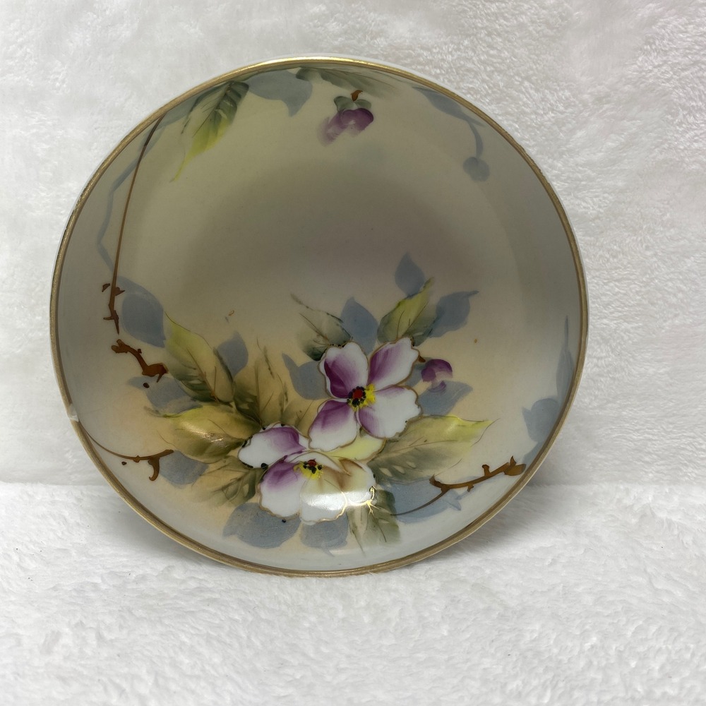 VTG Hand‎ Painted Footed Bowl Floral Design Gold Trim Trinket Dish Vanity Japan